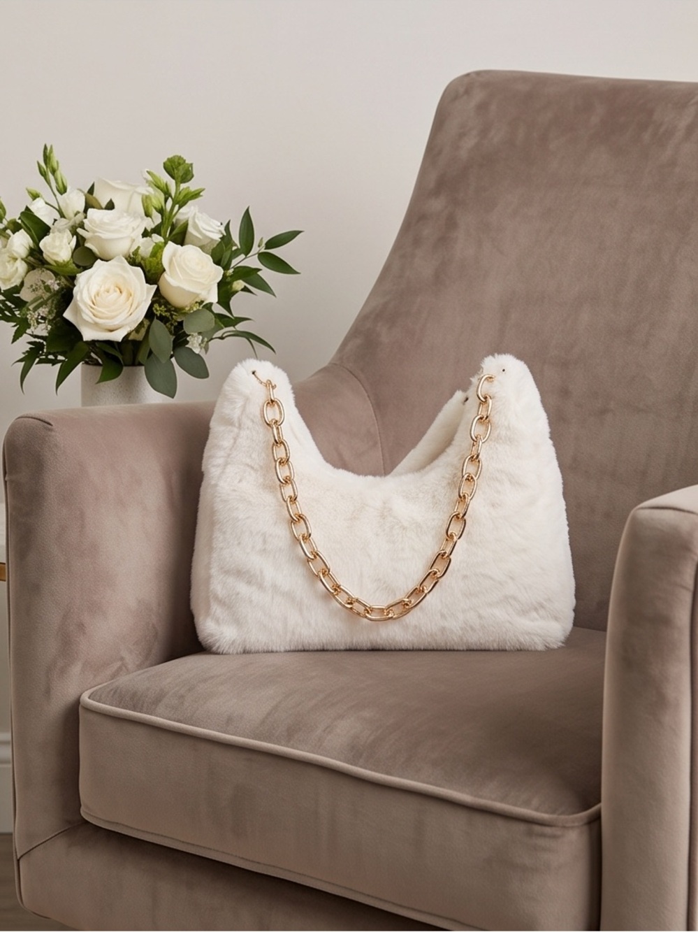 Victoria's Secret Cream Faux Fur Shoulder Bag with Gold Chain
